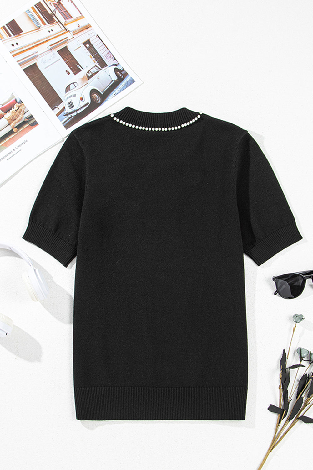 Bria Pearl Bow Short Sleeve Knitted Top for Women - Love Salve 