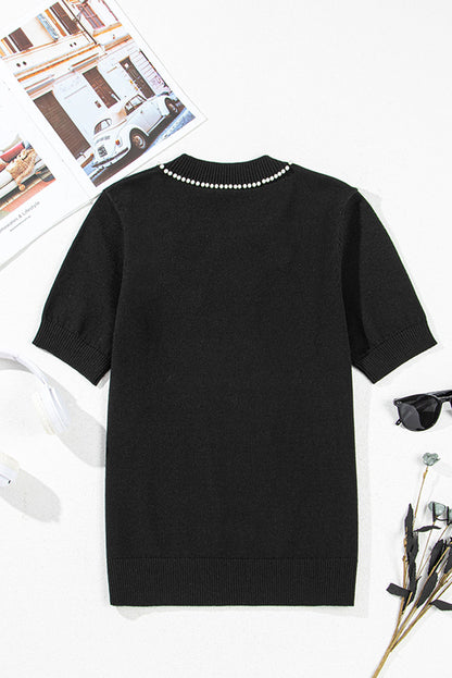 Bria Pearl Bow Short Sleeve Knitted Top for Women - Love Salve 