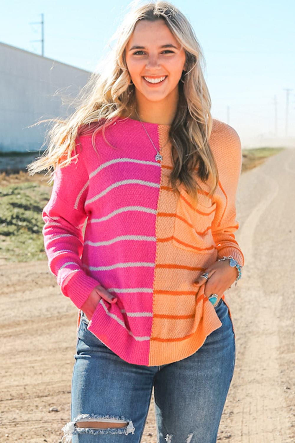 Striped Pocketed Dropper Shoulder Sweater.