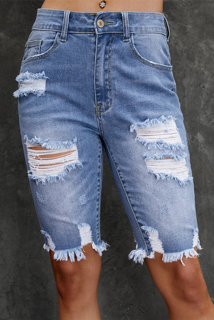 Distressed Frayed Hem Denim Bermuda Shorts.