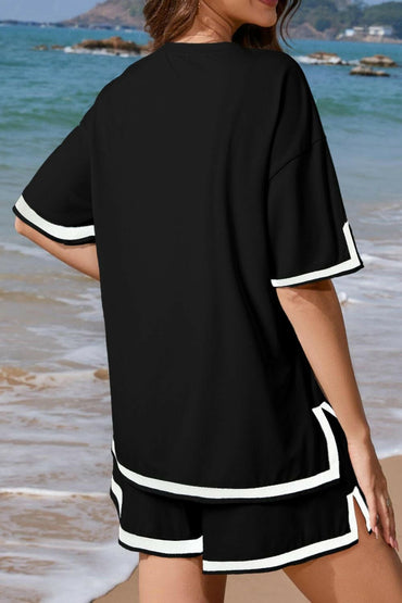 Contrast Trim Half Sleeve Top and Shorts Set.