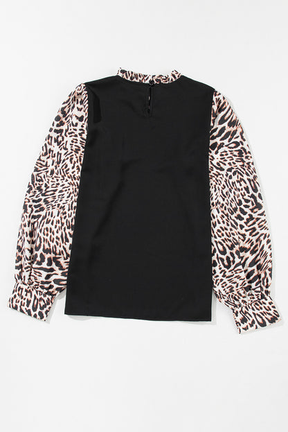 Elegant black lantern sleeve blouse with leopard print accents