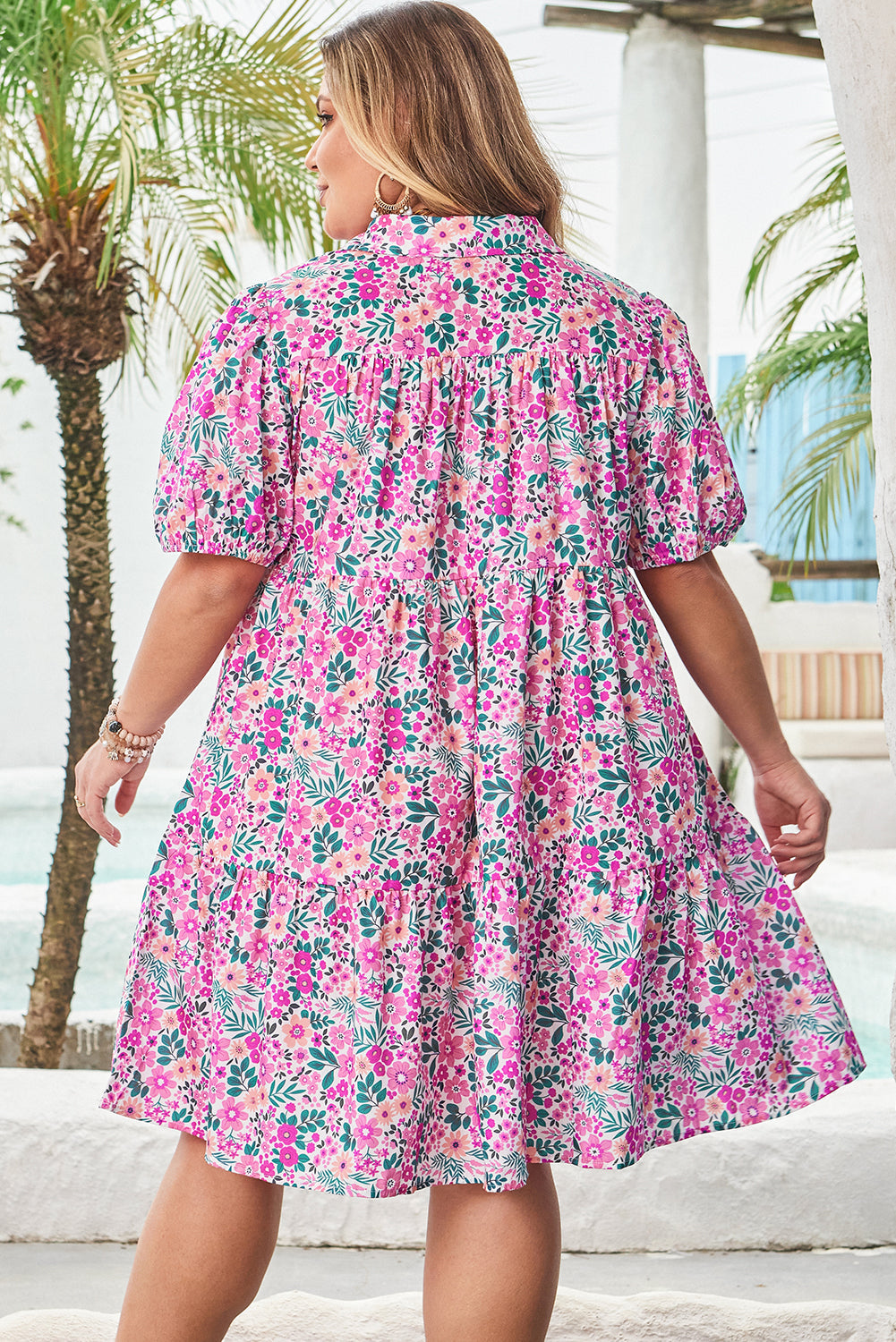 Plus Size Pink Floral Half Button Short Puff Sleeve A Line Dress Dear-Lover Dropshipping