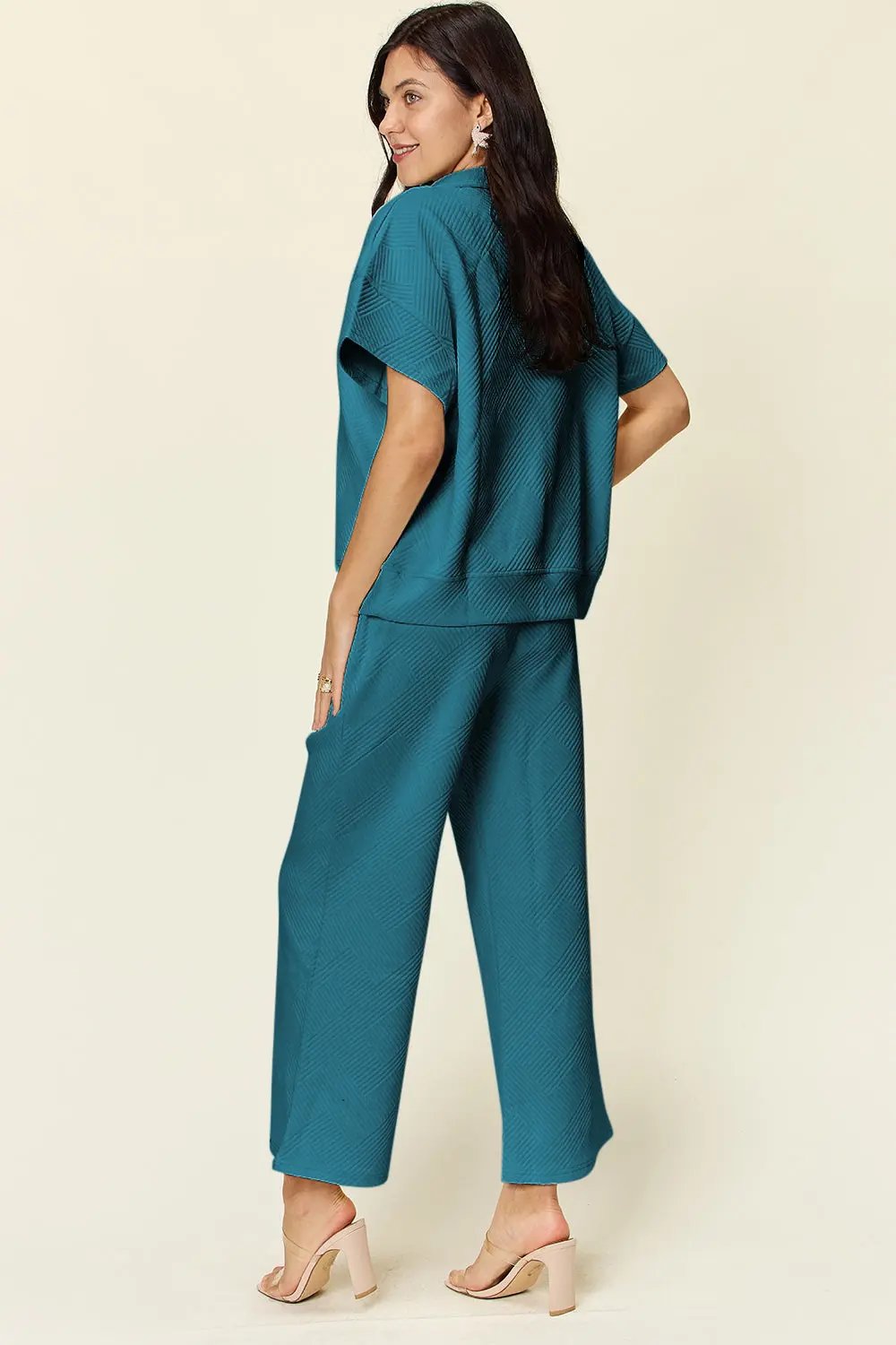 Double Take Full Size Texture Half Zip Short Sleeve Top and Pants Set - Love Salve