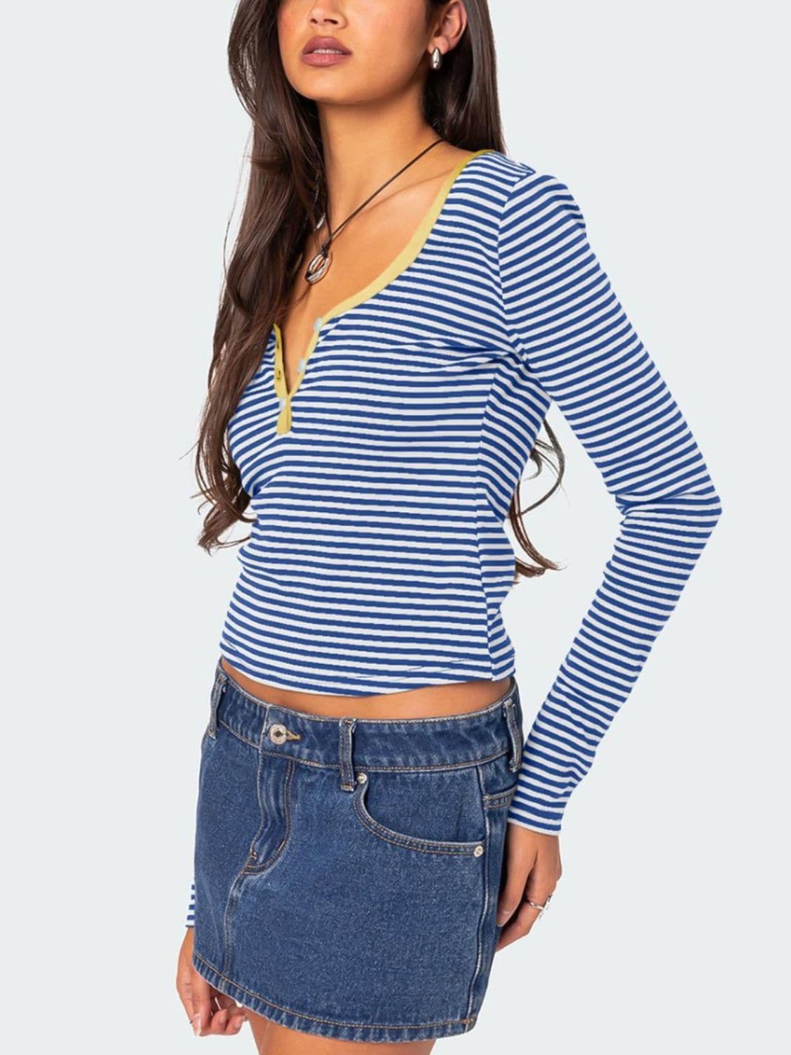 Striped button-up long sleeve tee