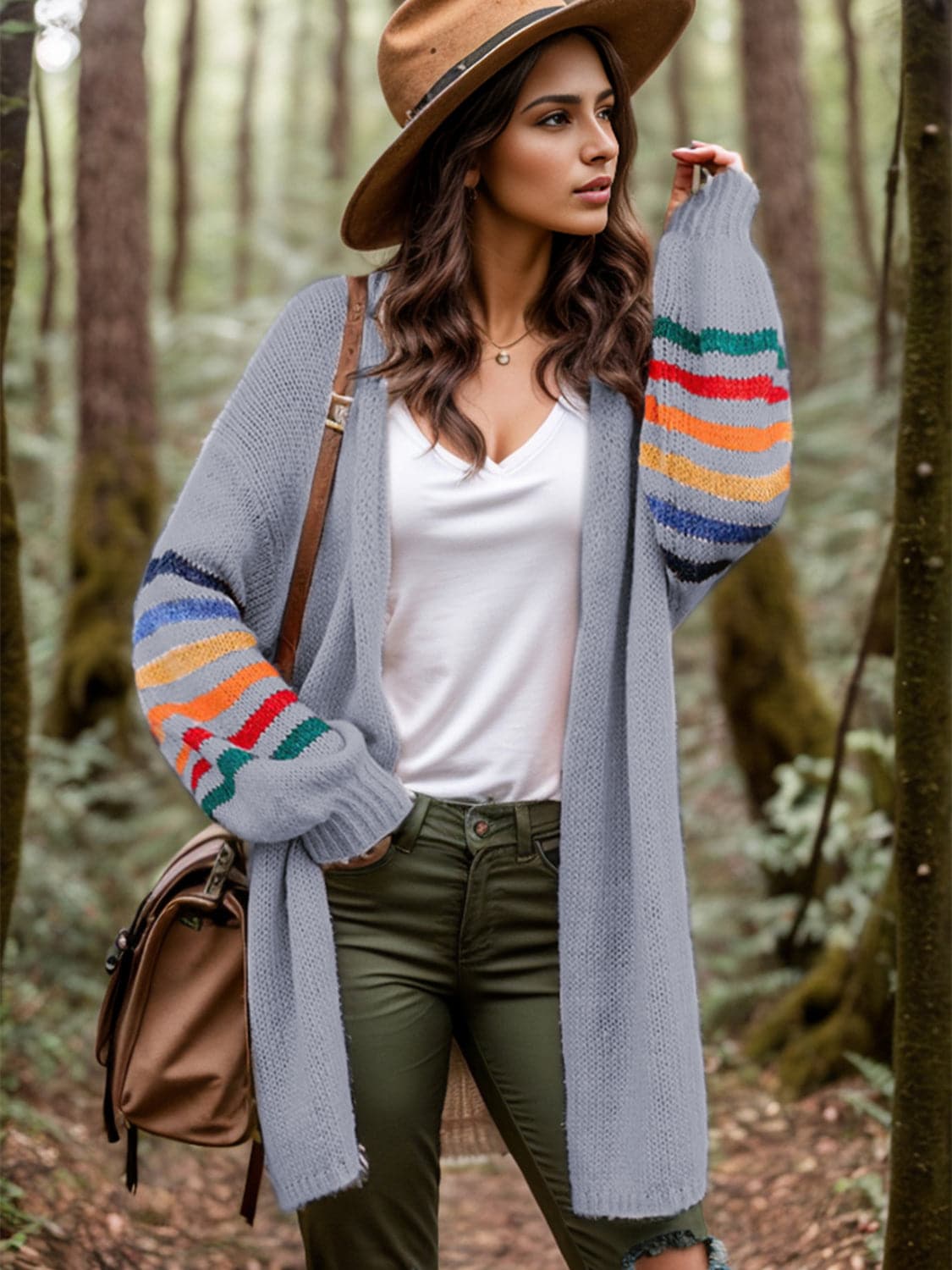 Striped Open Front Long Sleeve Cardigan.