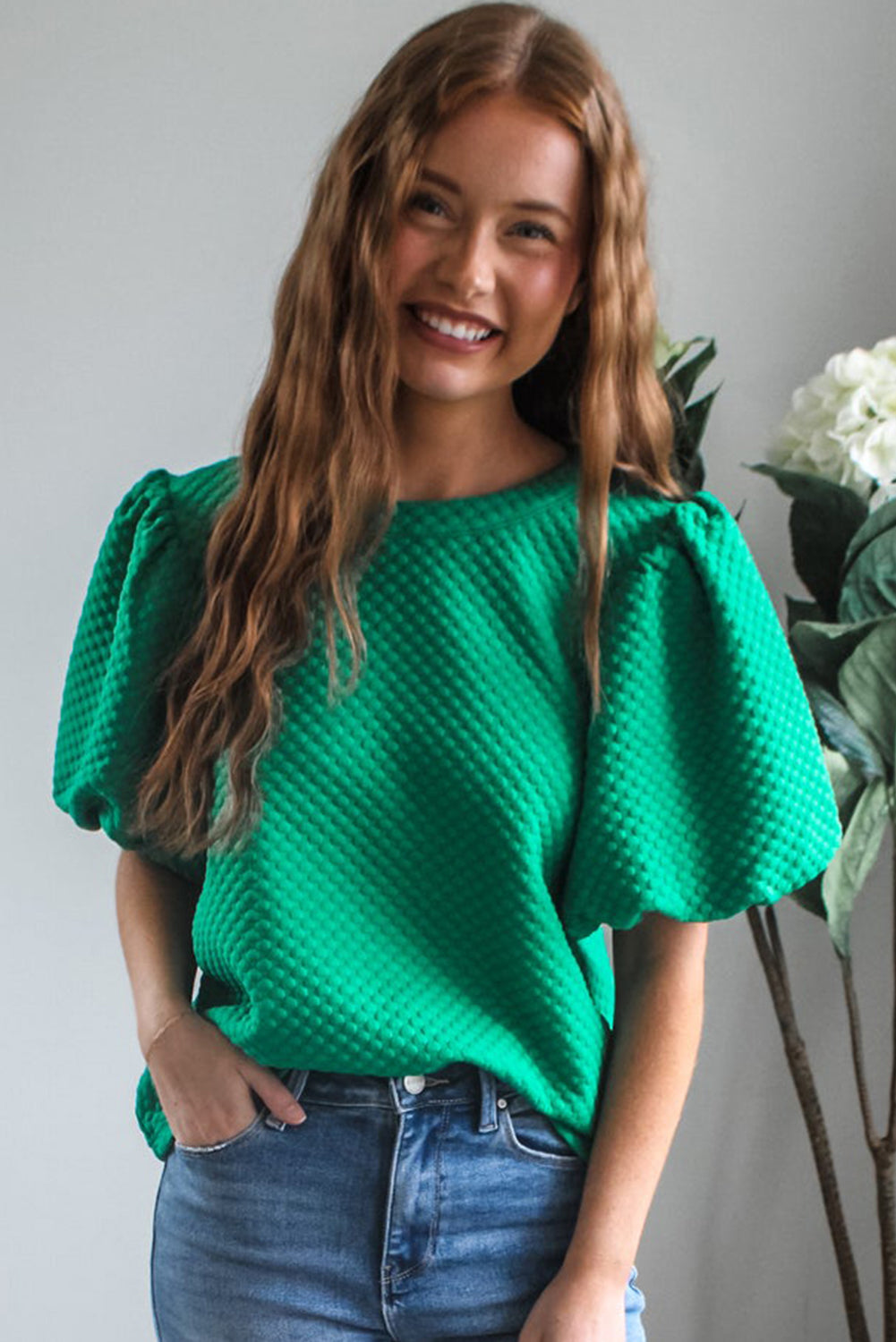 Textured Sea Green Puff Sleeve Blouse with O Neck Design