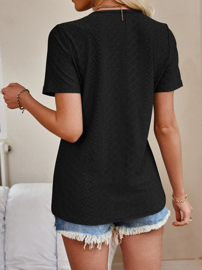 Eyelet V-Neck Short Sleeve Top.