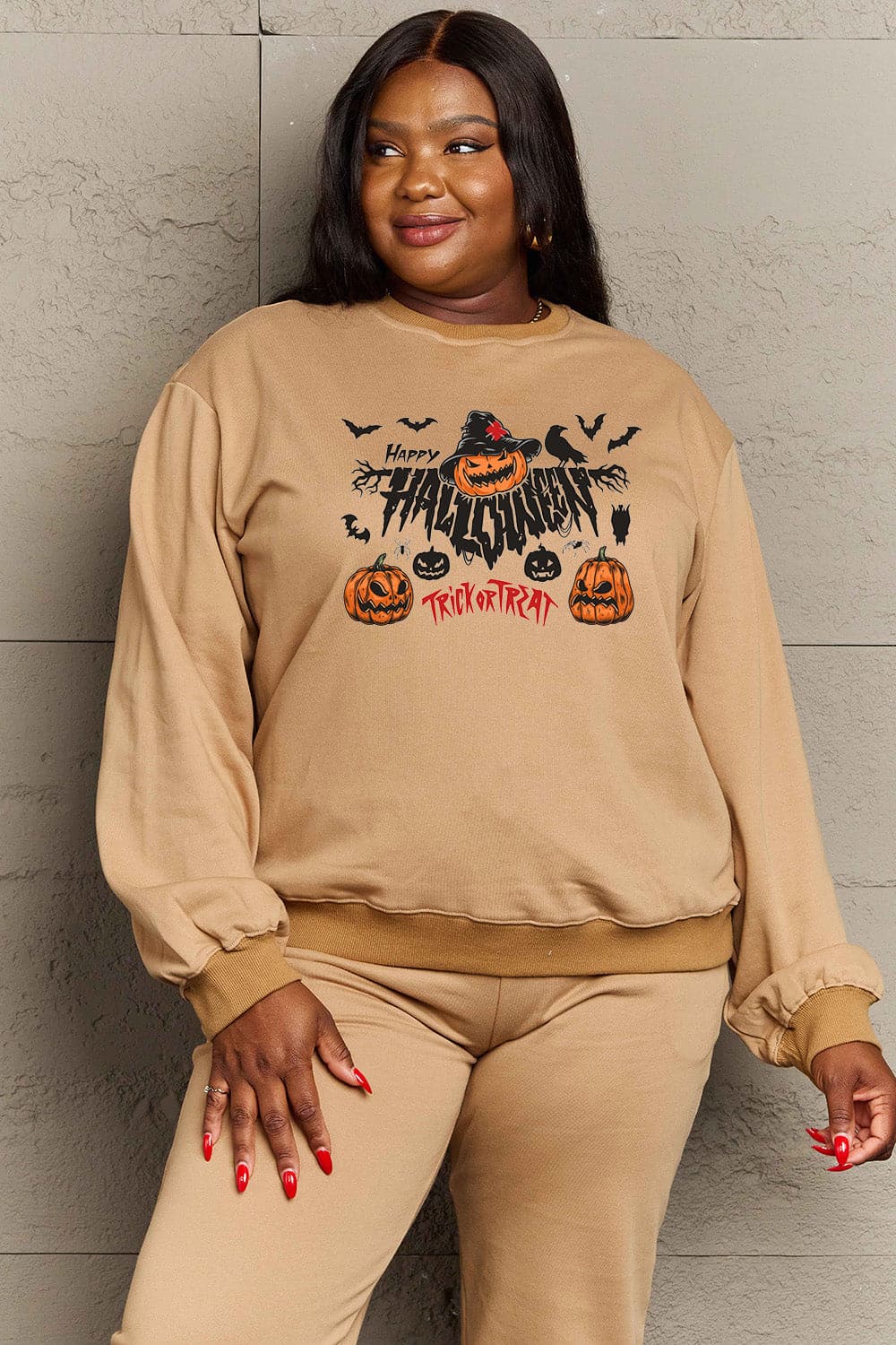 Simply Love Full Size HAPPY HALLOWEEN TRICK OR TREAT Graphic Sweatshirt.