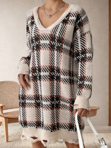 Chic distressed plaid sweater dress with v-neck and long sleeves