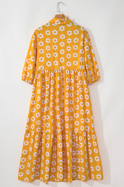 Charming floral collared maxi dress with button detail and bracelet sleeves