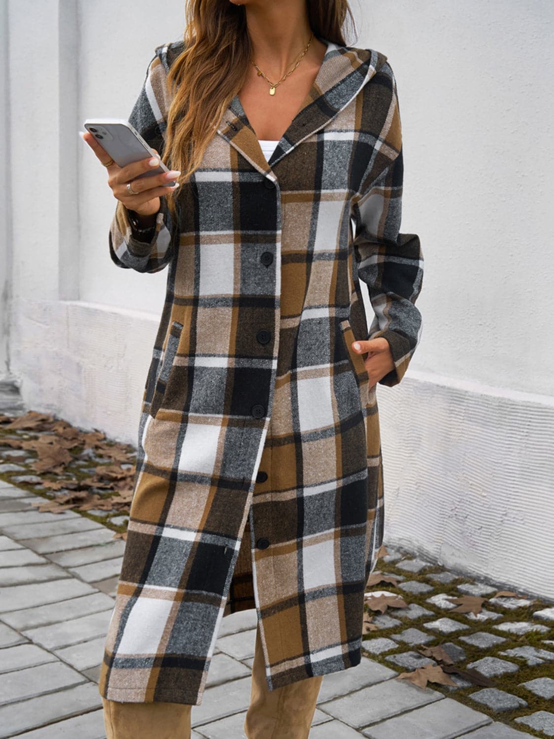 Chic plaid hooded coat with pockets