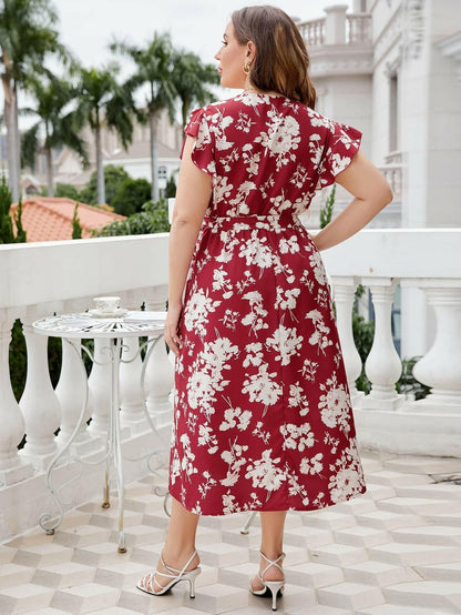 Plus Size Floral Tie Waist Surplice Neck Midi Dress.