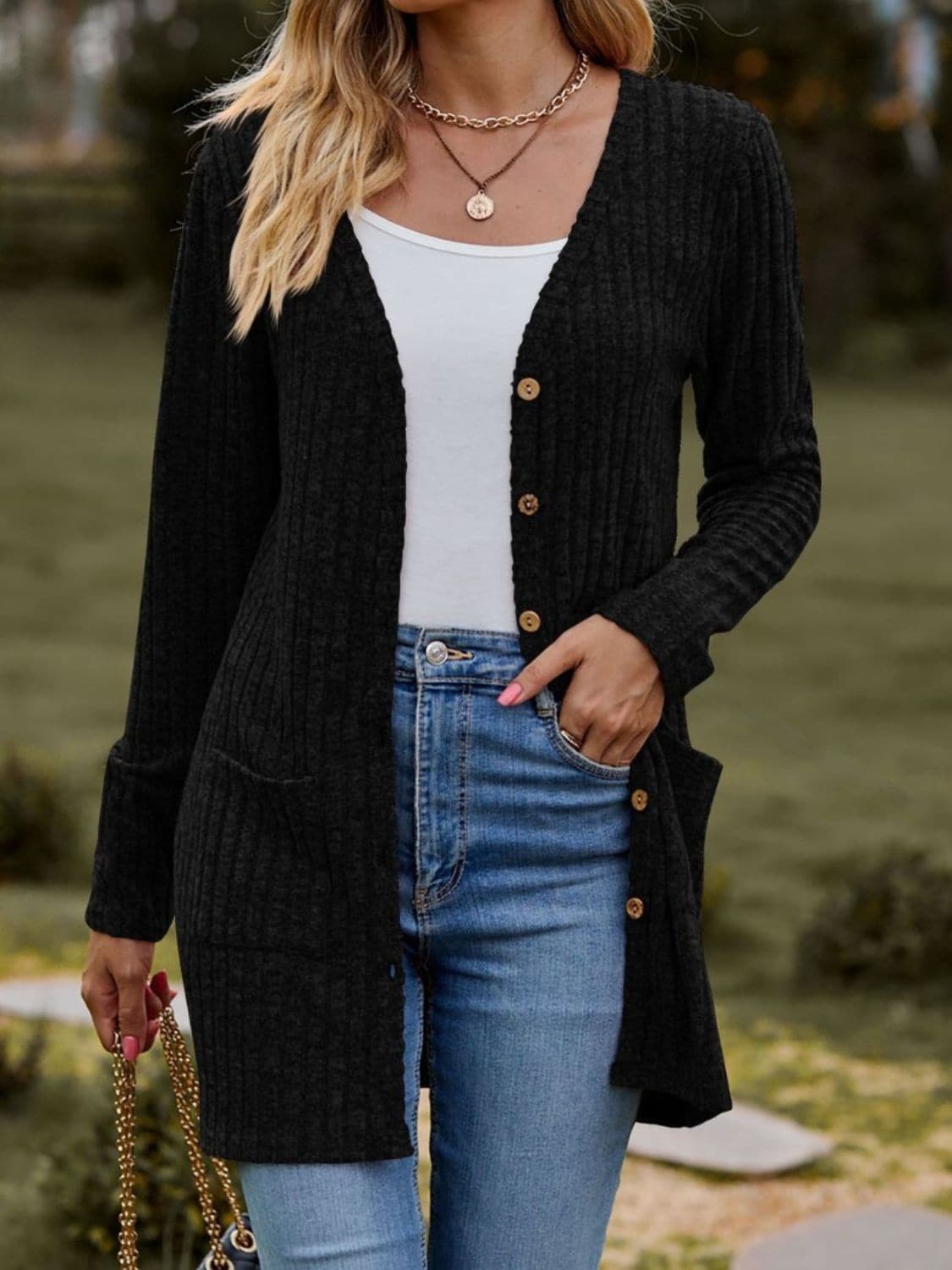 Ribbed Button Up Long Sleeve Cardigan.