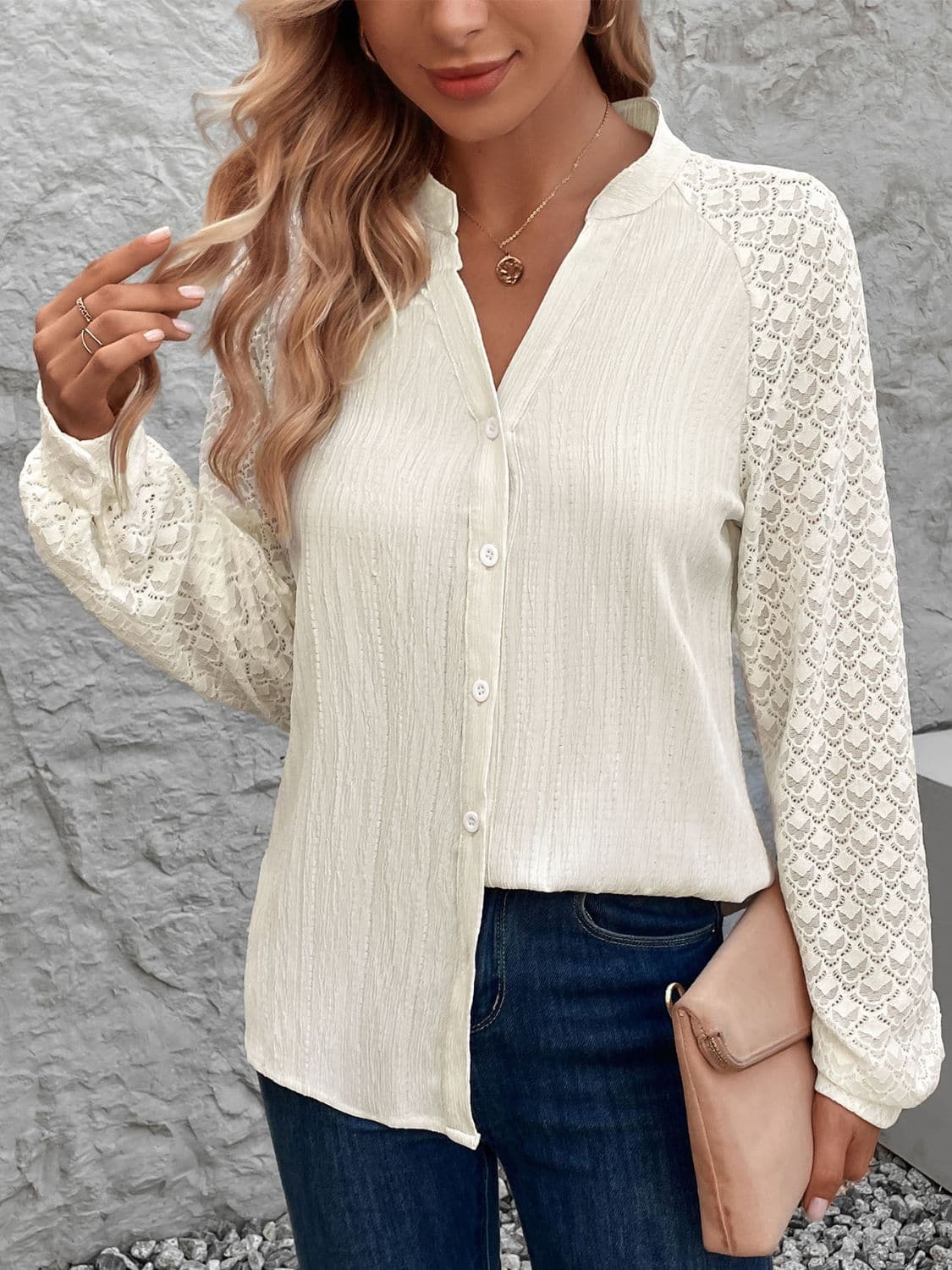 Textured Notched Long Sleeve Shirt.