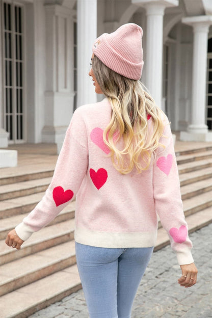 Heart Round Neck Droppped Shoulder Sweater.