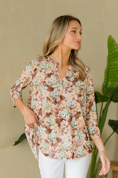 Sew In Love Full Size Wrinkle-Free Floral Notched Top.