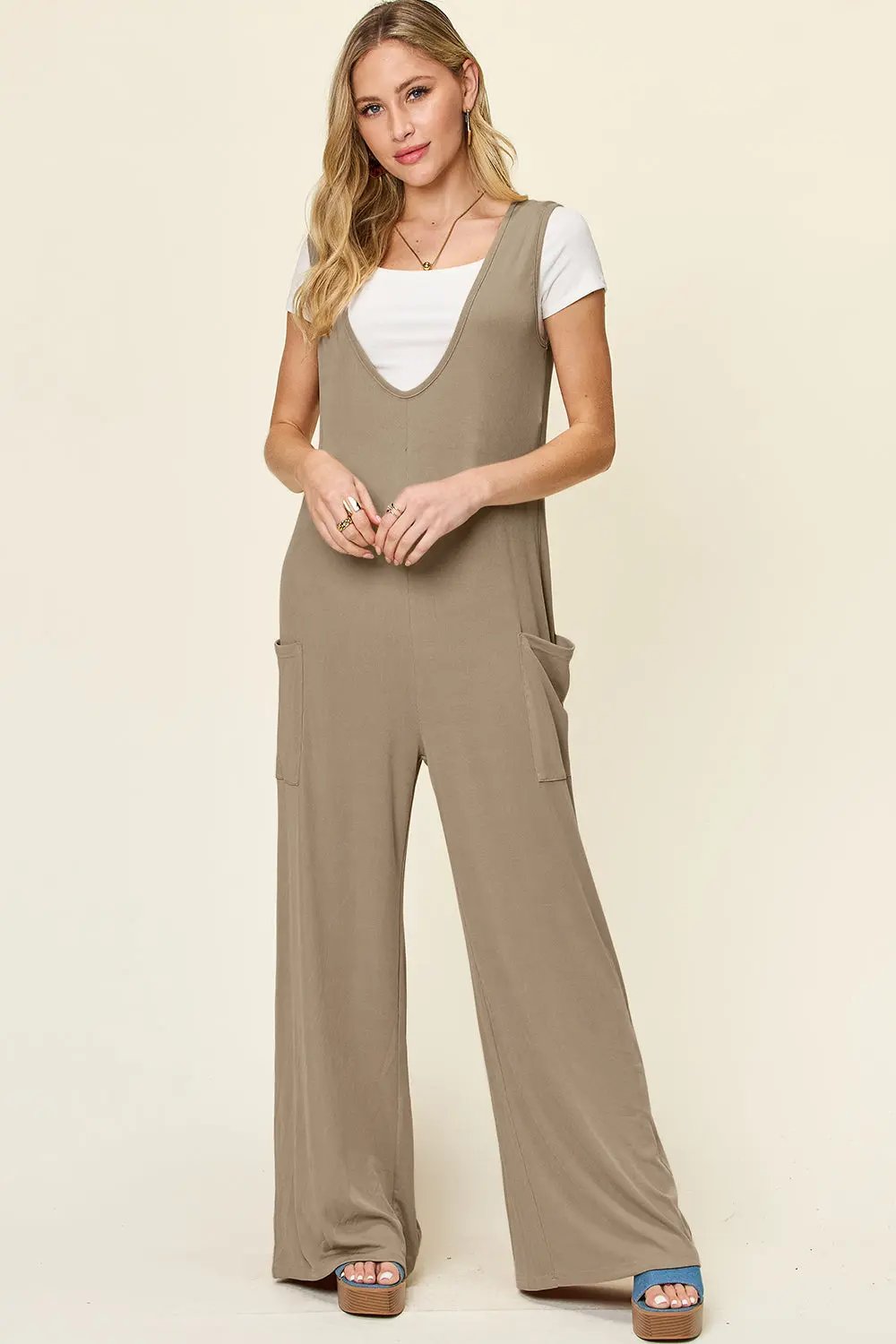 Double Take Full Size Sleeveless Wide Leg Jumpsuit with Pockets - Love Salve