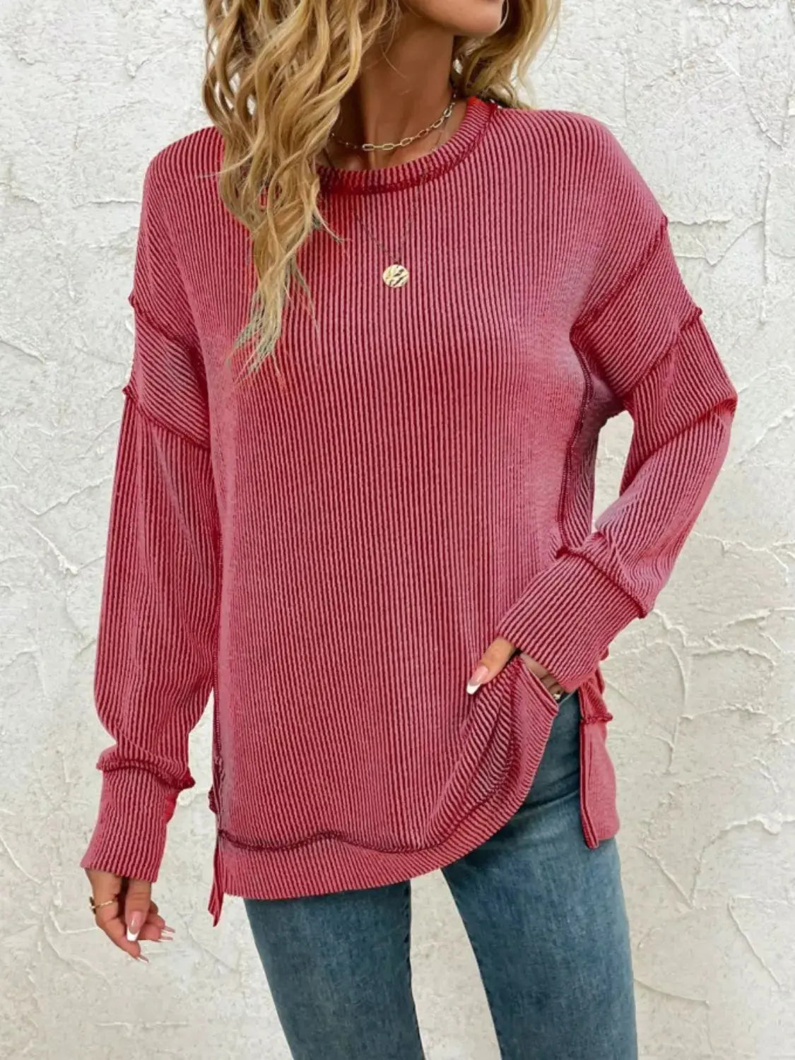 Side Slit Round Neck Sweatshirt Simply Love
