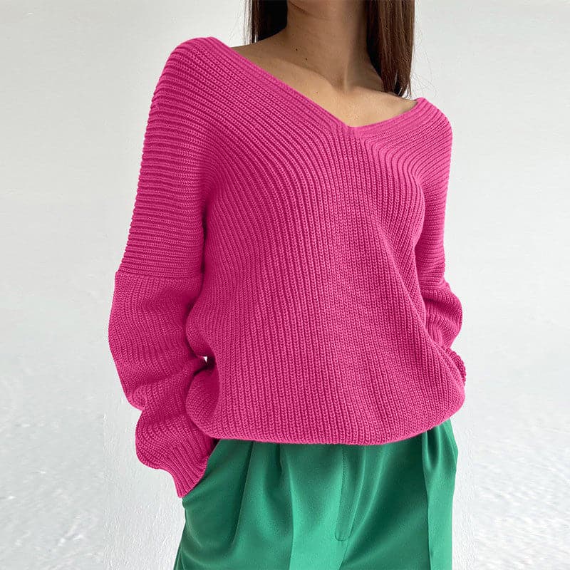 V-Neck Dropped Shoulder Long Sleeve Sweater.