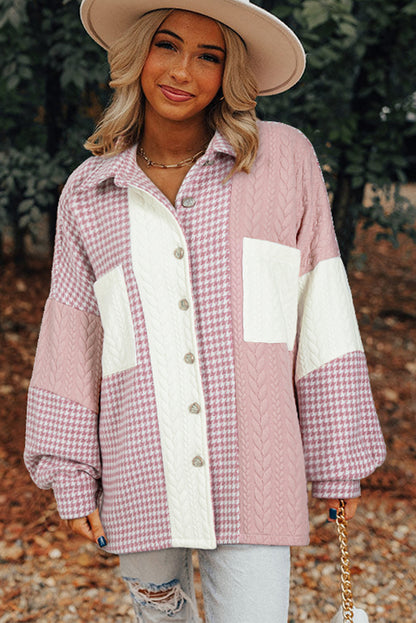 Pink Houndstooth Color Contrast Textured Patchwork Loose Shacket