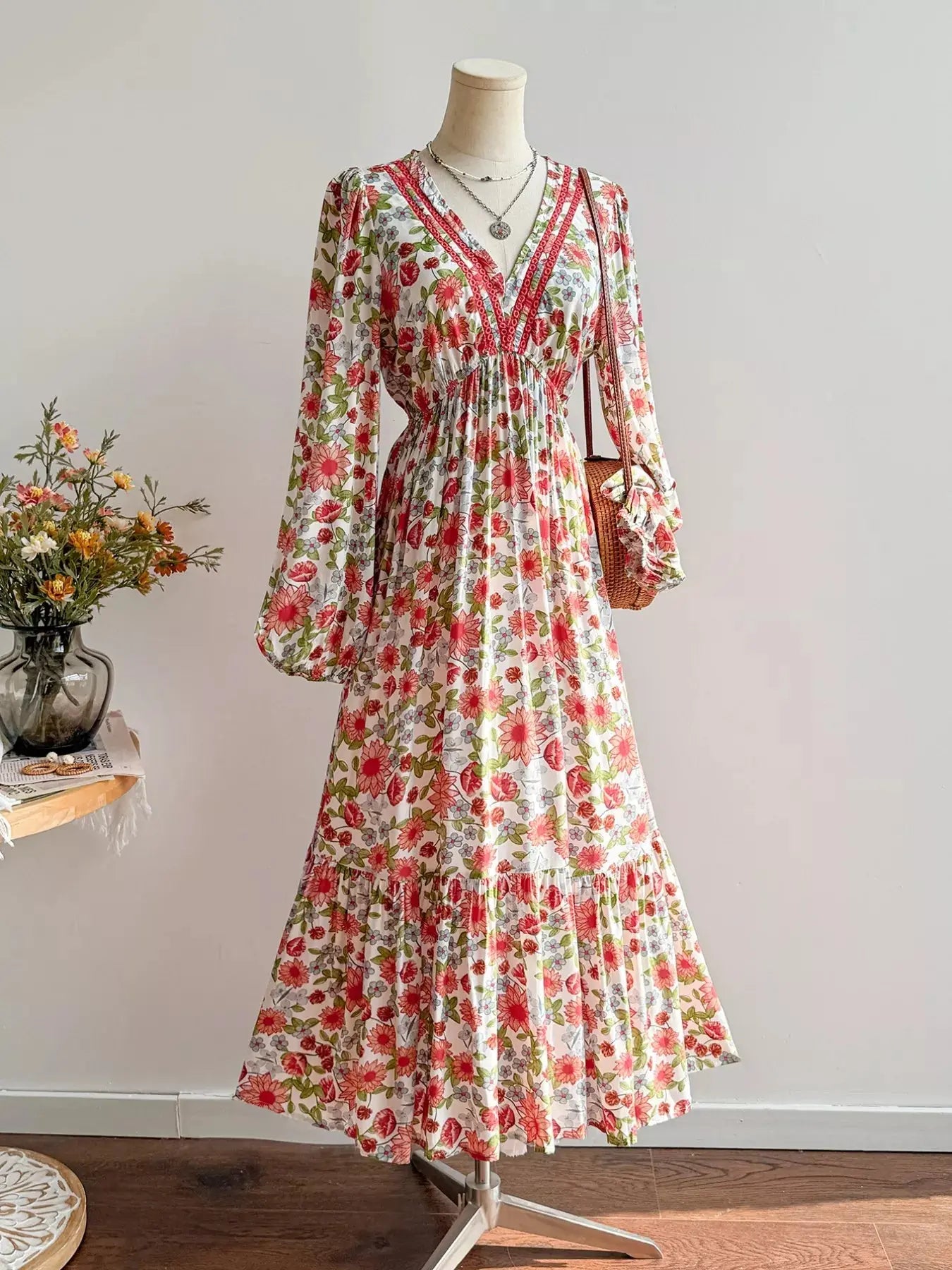 Floral Print V-Neck Bohemian Midi Dress Simply Love