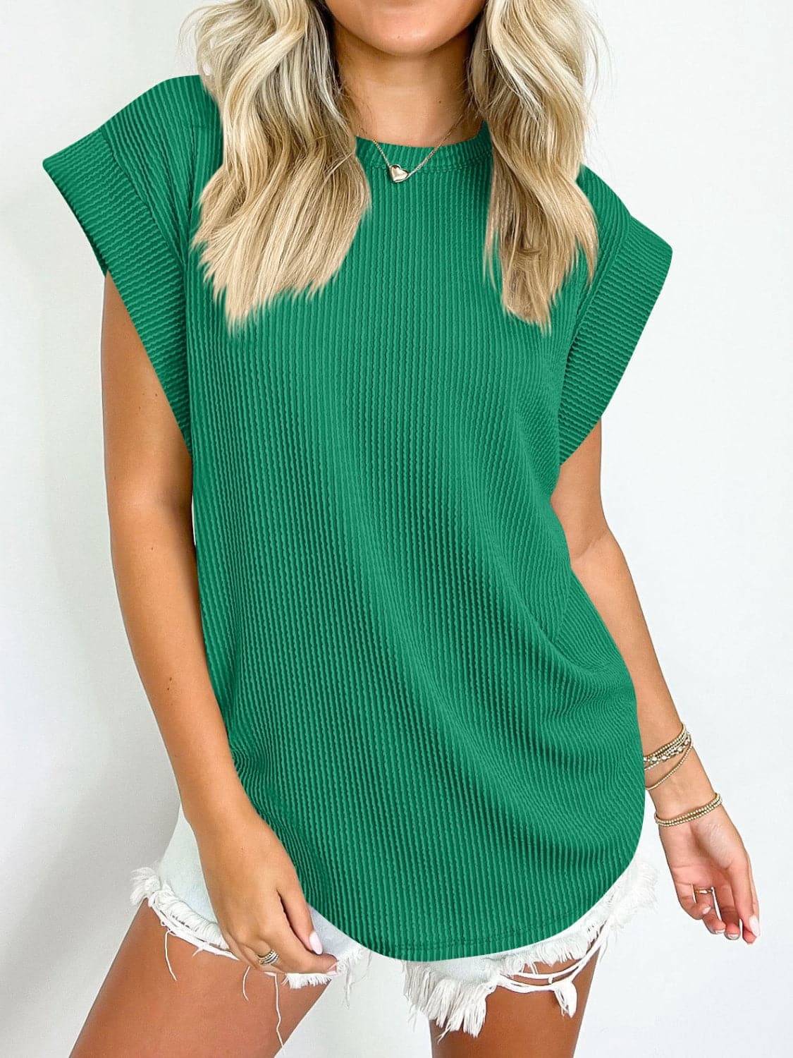 Textured Round Neck Cap Sleeve Blouse.