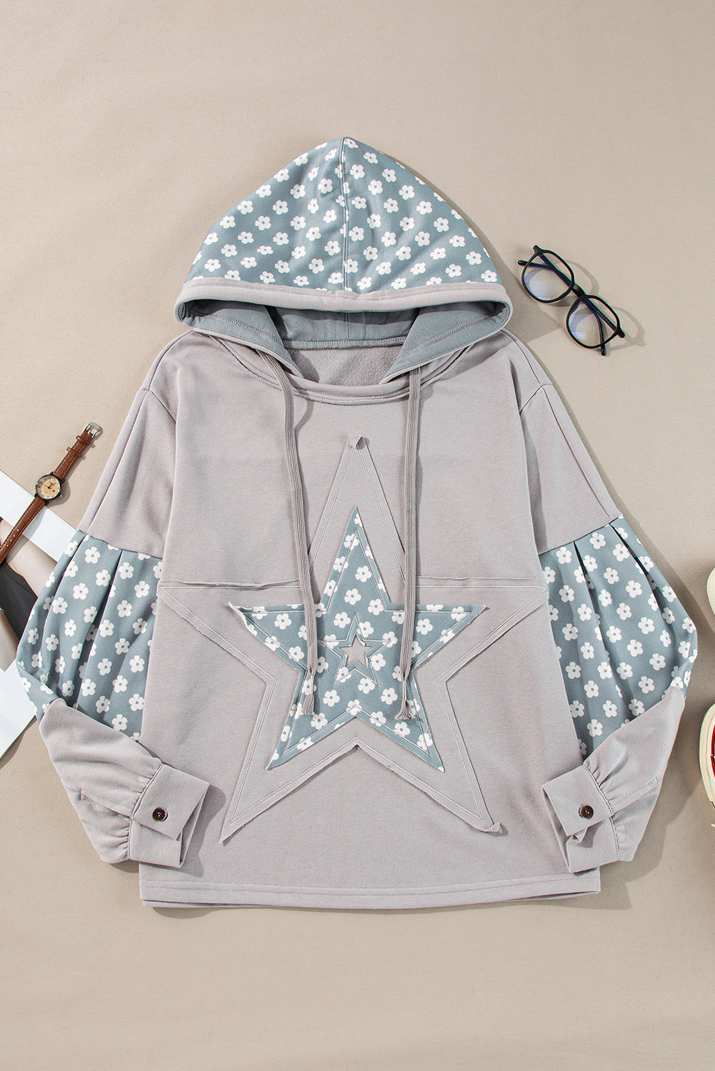 Chic blue floral patchwork hoodie with star accents