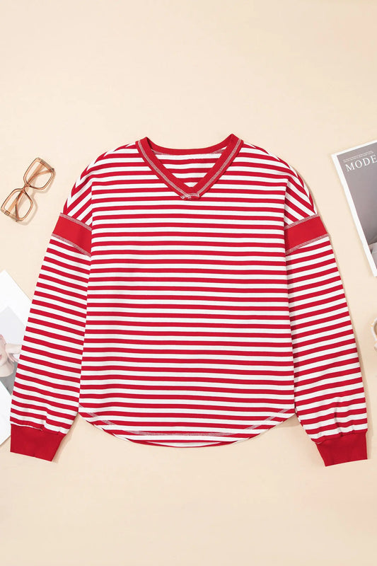 Red Stripe Exposed Seam V Neck Balloon Sleeve Pullover Dear-Lover Dropshipping