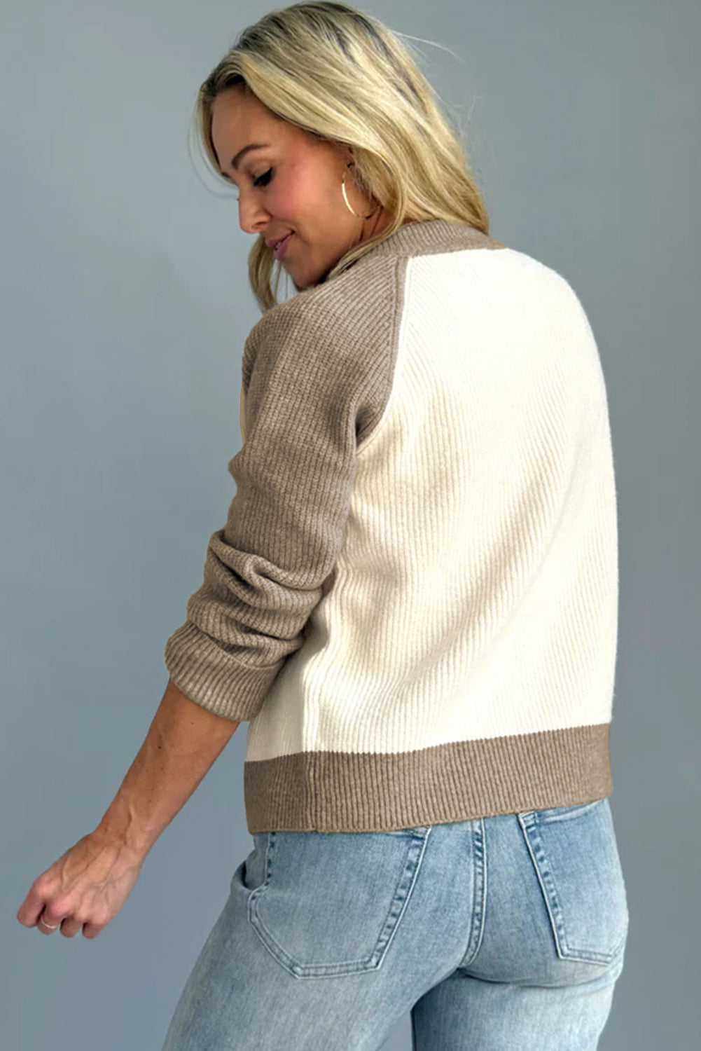 White Color Block Ribbed Knit Button Down Cardigan Sweater For Women Dear-Lover Dropshipping
