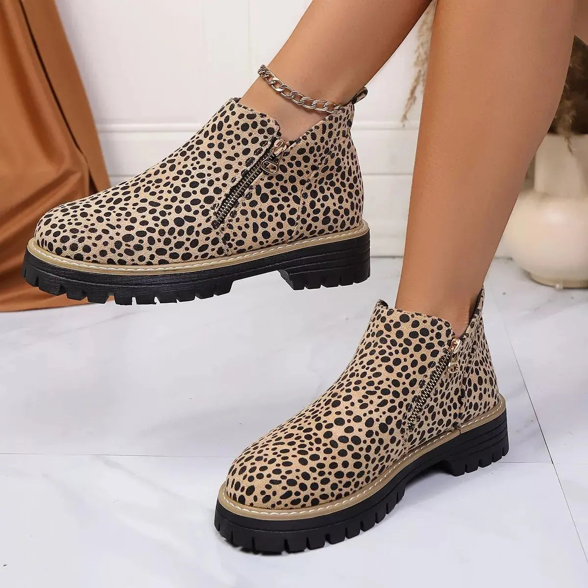 Leopard Print Ankle Boots with Zipper Simply Love