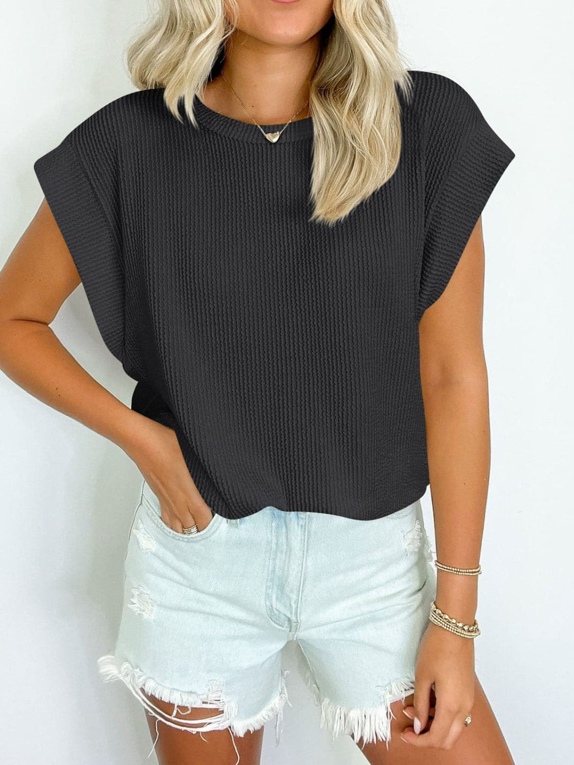 Textured Round Neck Cap Sleeve Blouse.