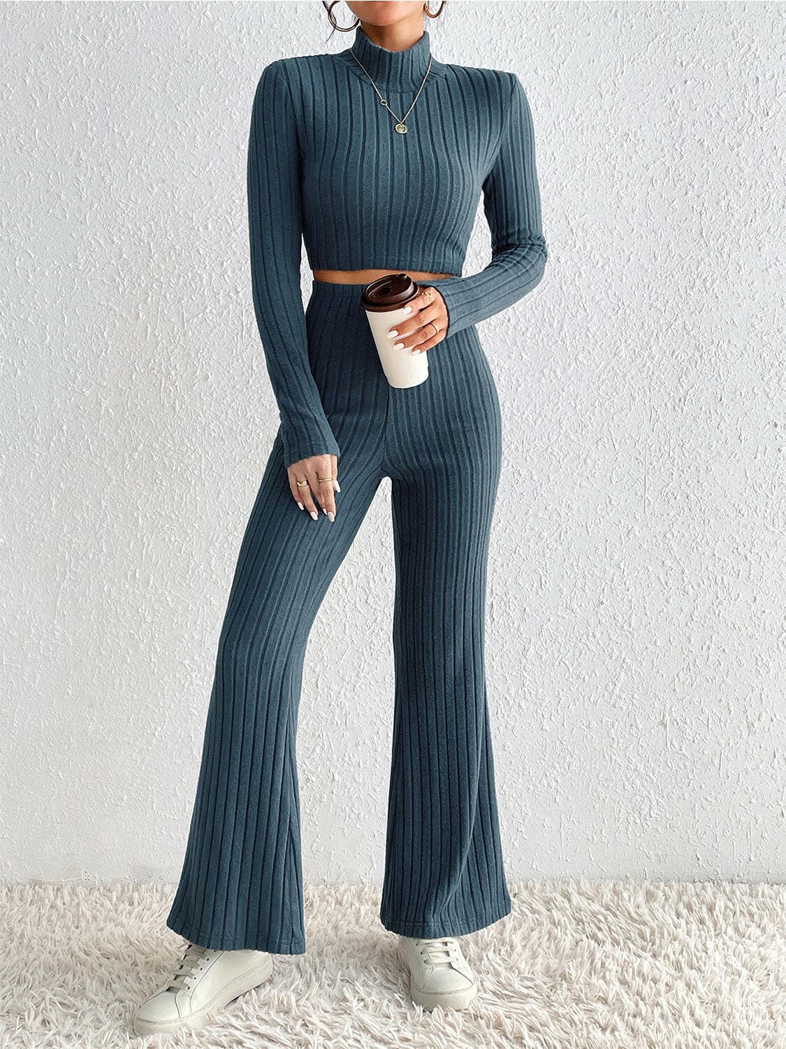 Ribbed Mock Neck Cropped Sweater & High Waist Pants Set.