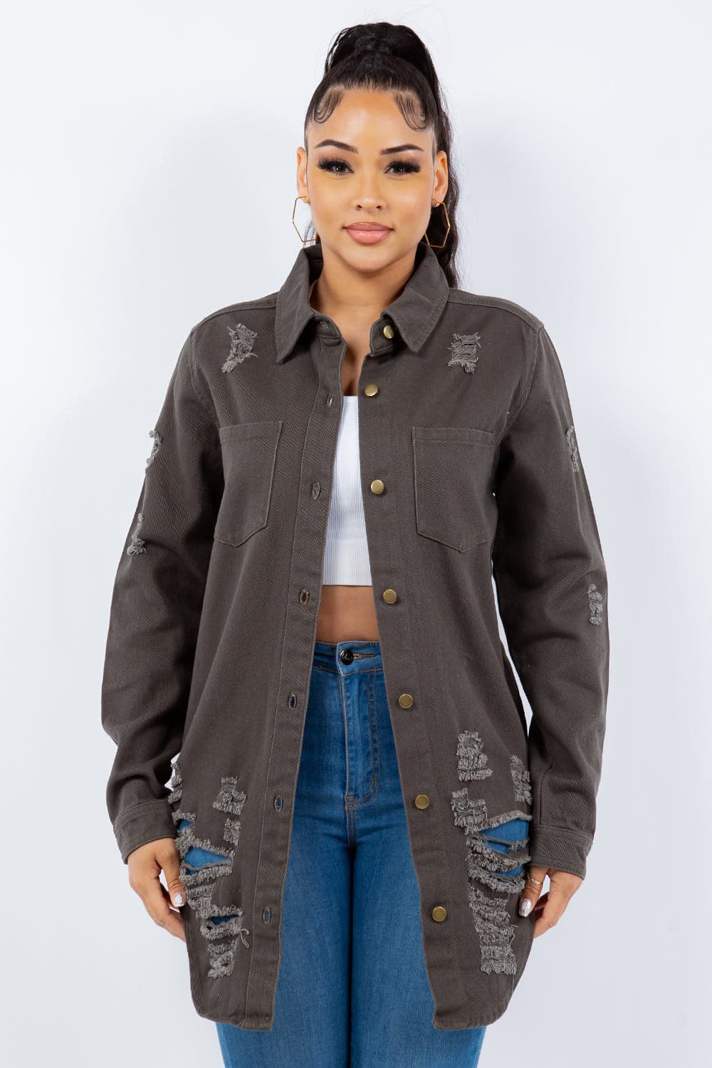 Distressed denim button-up jacket for a stylish edge