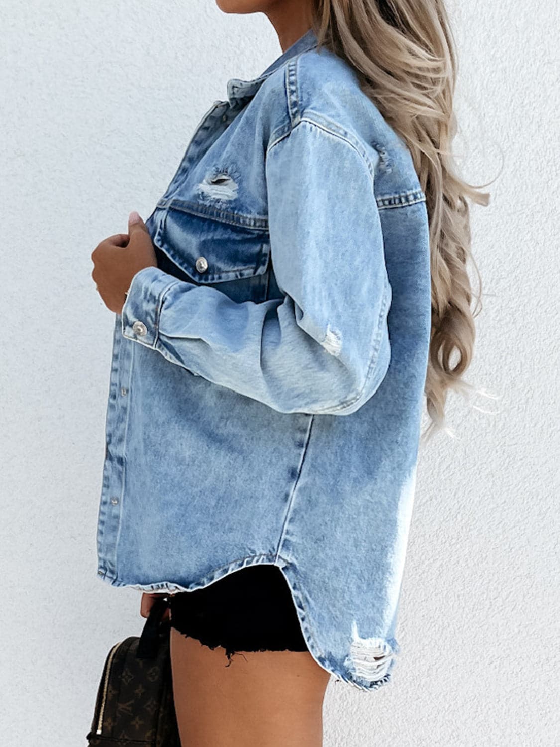 Distressed Snap Down Denim Jacket.