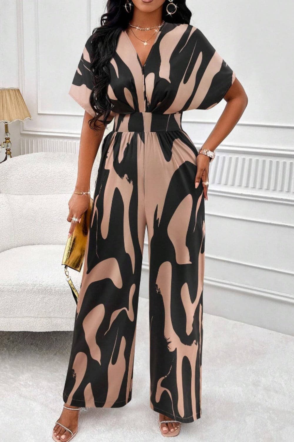 Printed V-Neck Short Sleeve Wide Leg Jumpsuit.