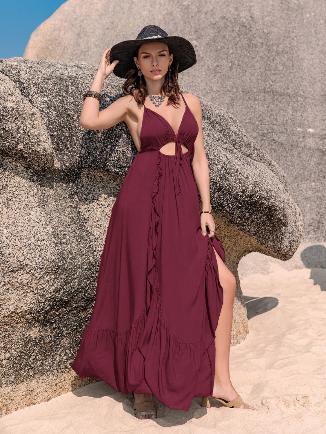 Crisscross Back Drawstring Ruffle Trim Maxi Dress.