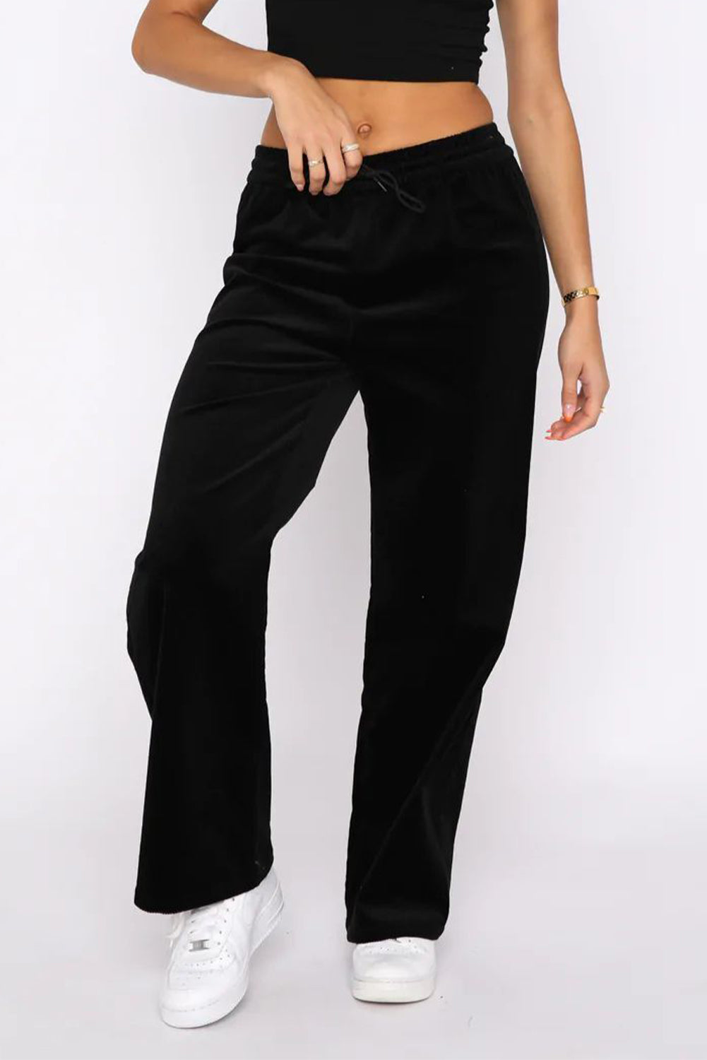 Chic black wide leg pants with adjustable drawstring waist