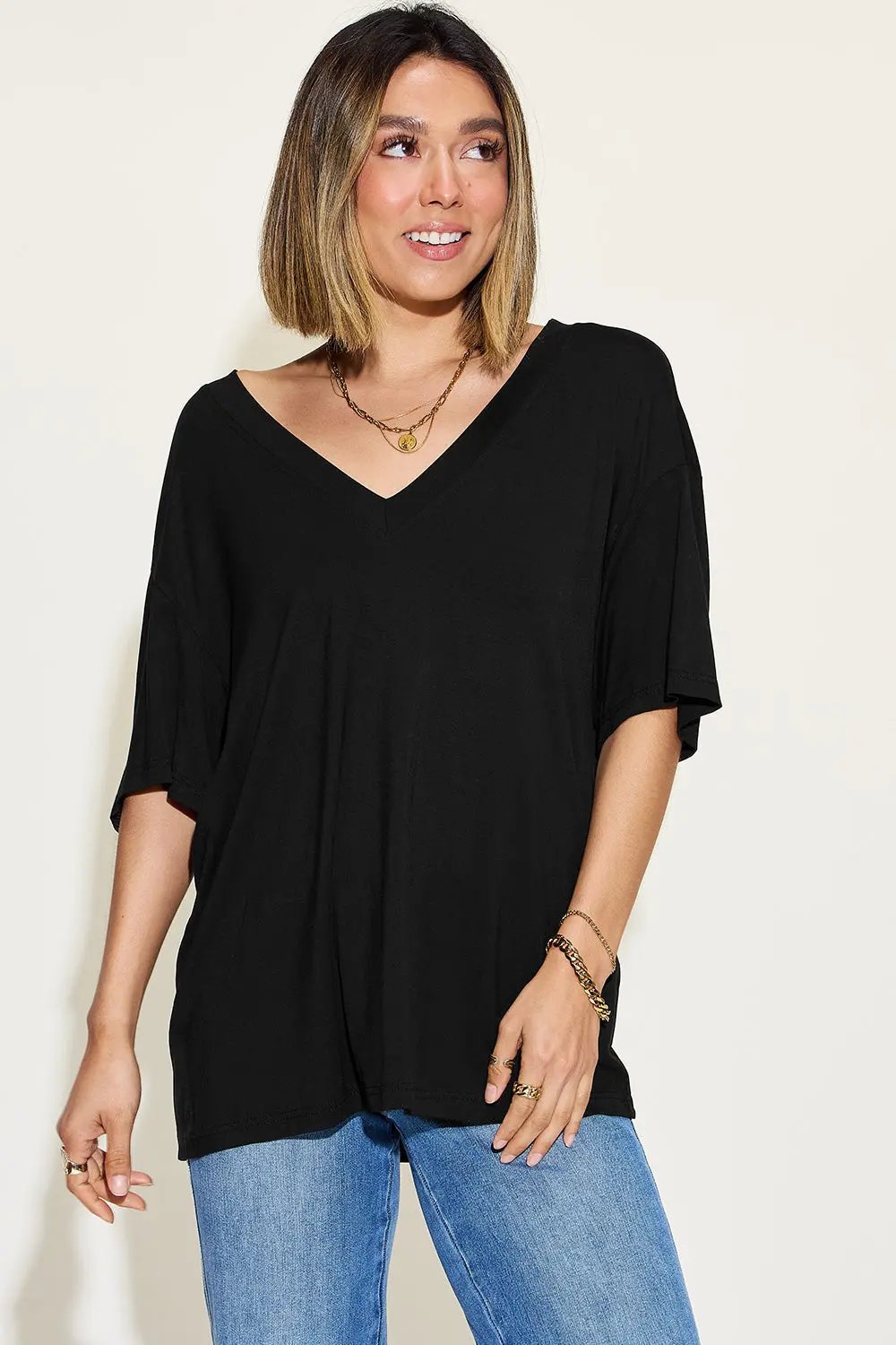 Basic Bae Full Size Bamboo V-Neck Drop Shoulder T-Shirt - Love Salve
