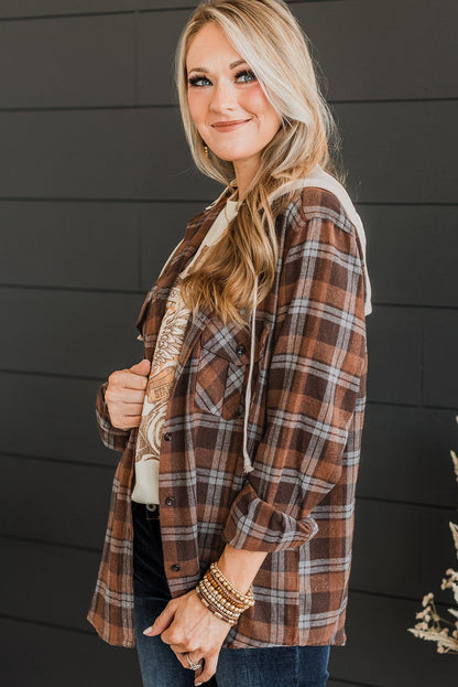 Cozy brown plaid hooded jacket for plus sizes