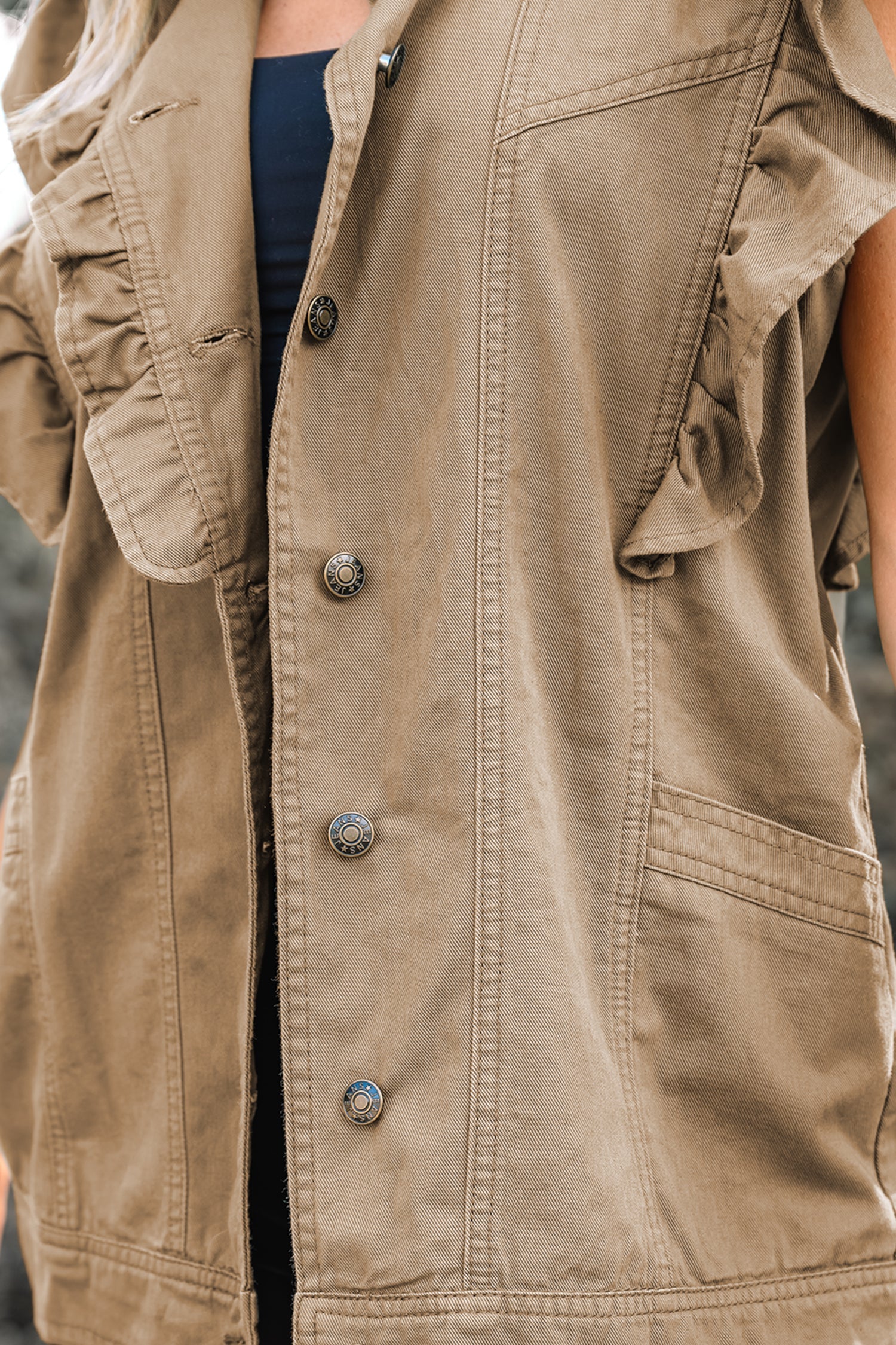 Pale Khaki Ruffled Patchwork Denim Jacket Vest For Women Casual Wear Dear-Lover Dropshipping