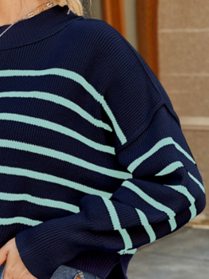 Round Neck Striped Lantern Sleeve Sweater.