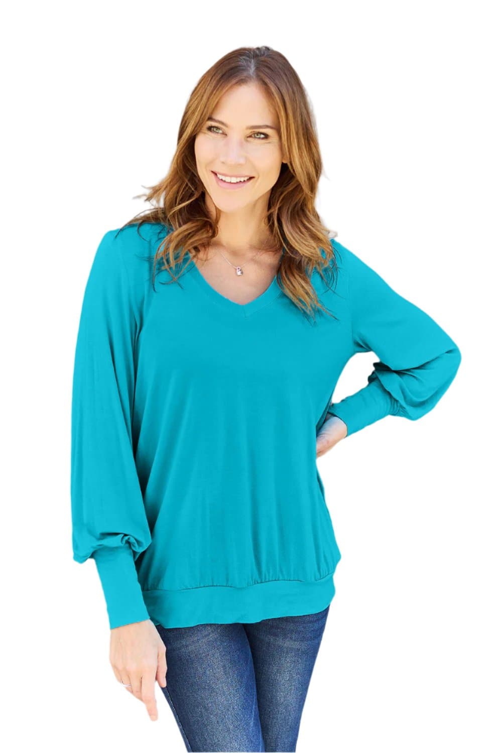 Basic Bae Full Size V-Neck Lantern Sleeve Top.