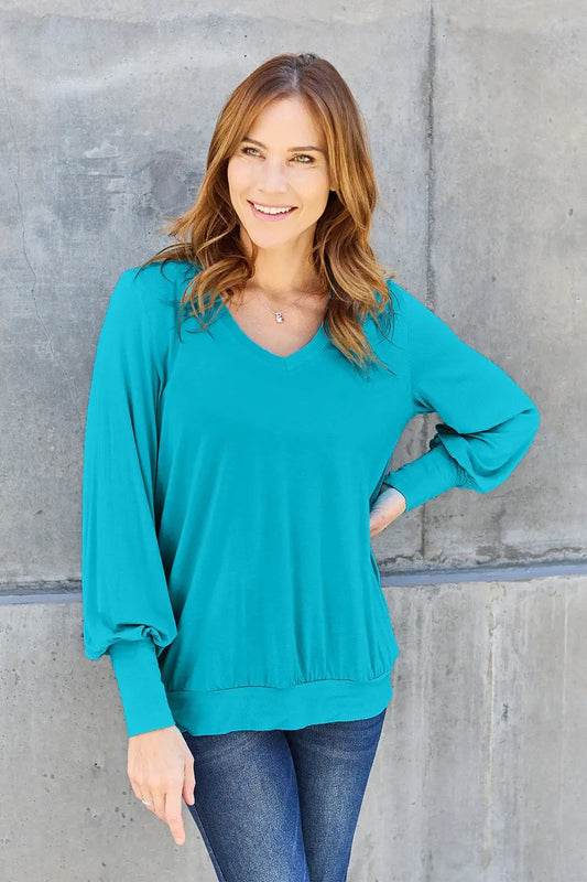 Basic Bae Full Size V-Neck Lantern Sleeve Top - Love Salve