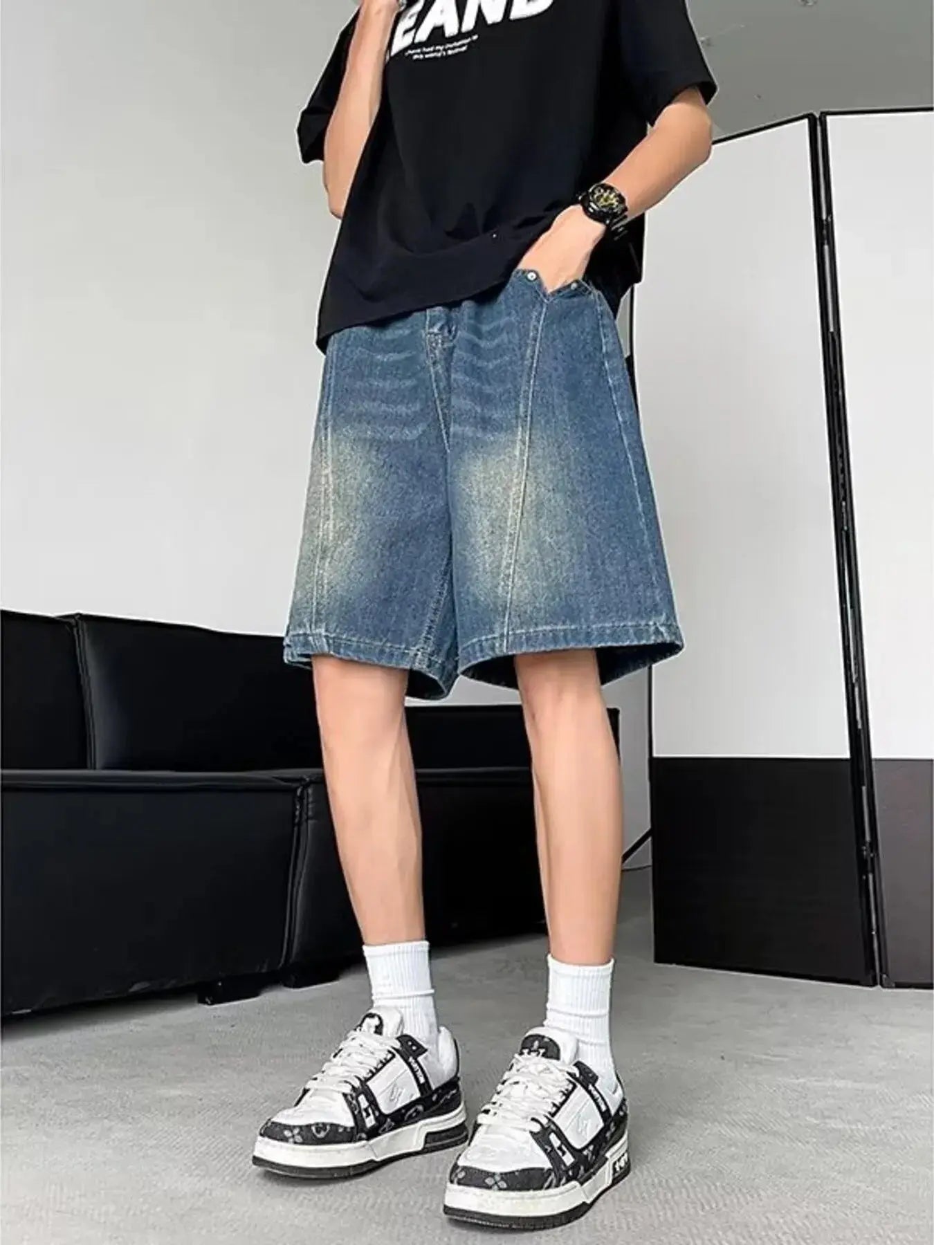 Men's Plus Size Vintage Wash Loose Fit Denim Shorts Simply Love