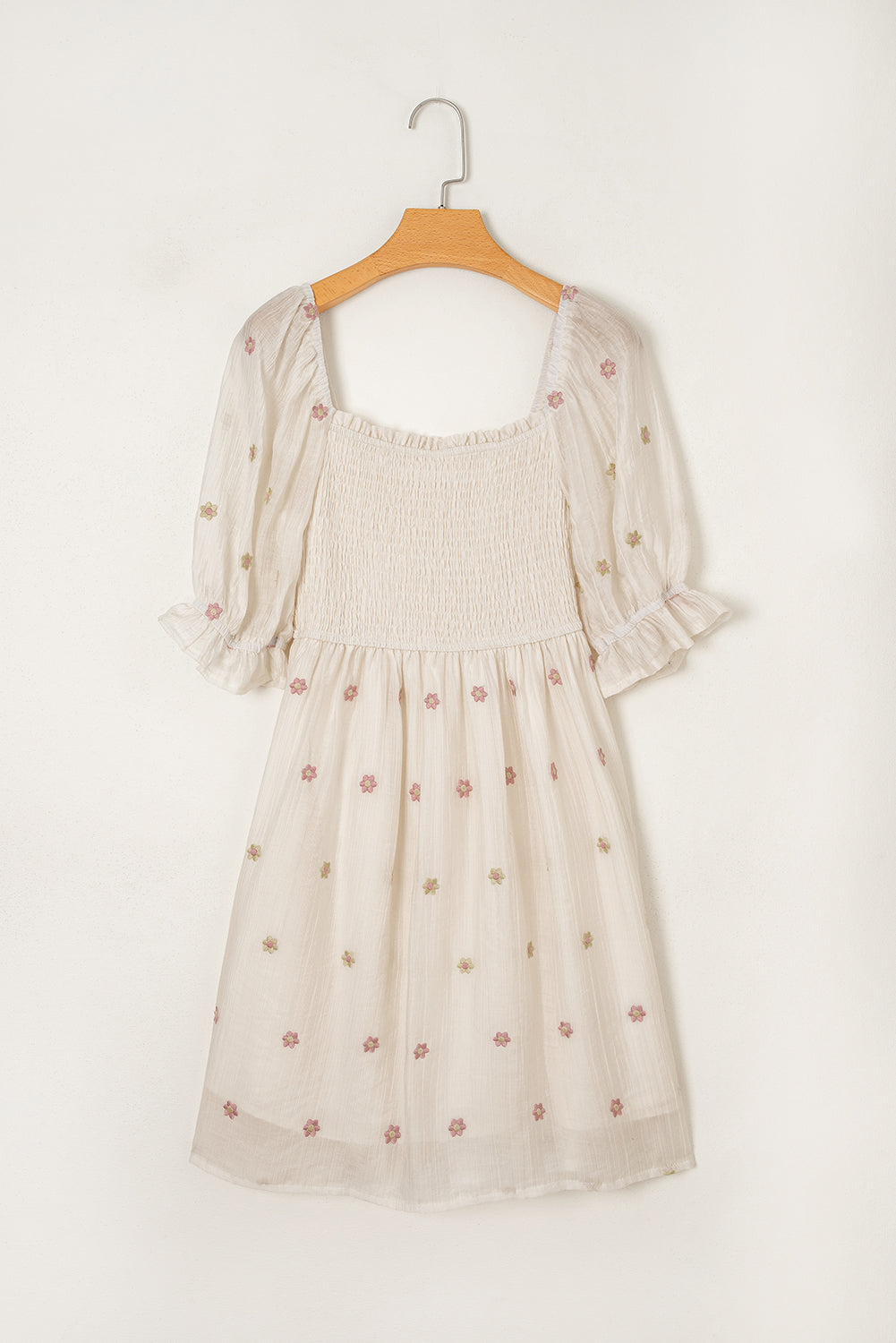Beige Embroidered Flower Smocked Bust Half Puff Sleeve Dress