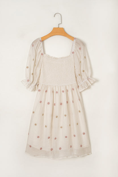 Beige Embroidered Flower Smocked Bust Half Puff Sleeve Dress