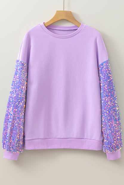 Orchid Petal Sequin Patchwork Long Sleeve Pullover Top