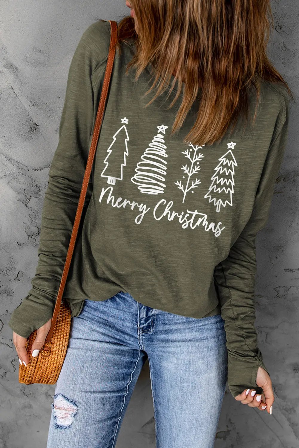 Thea Merry Christmas Trees Thumbhole Sleeve Graphic Long Sleeve Tee - Love Salve 