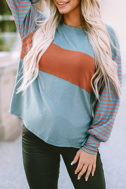 Chic green colorblock striped top with bishop sleeves